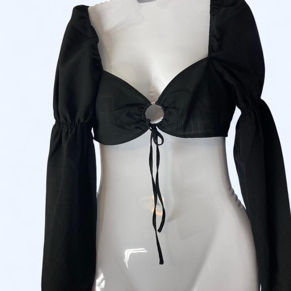 H&M Black Long Sleeve Crop Blouse with Keyhole Tie Front S